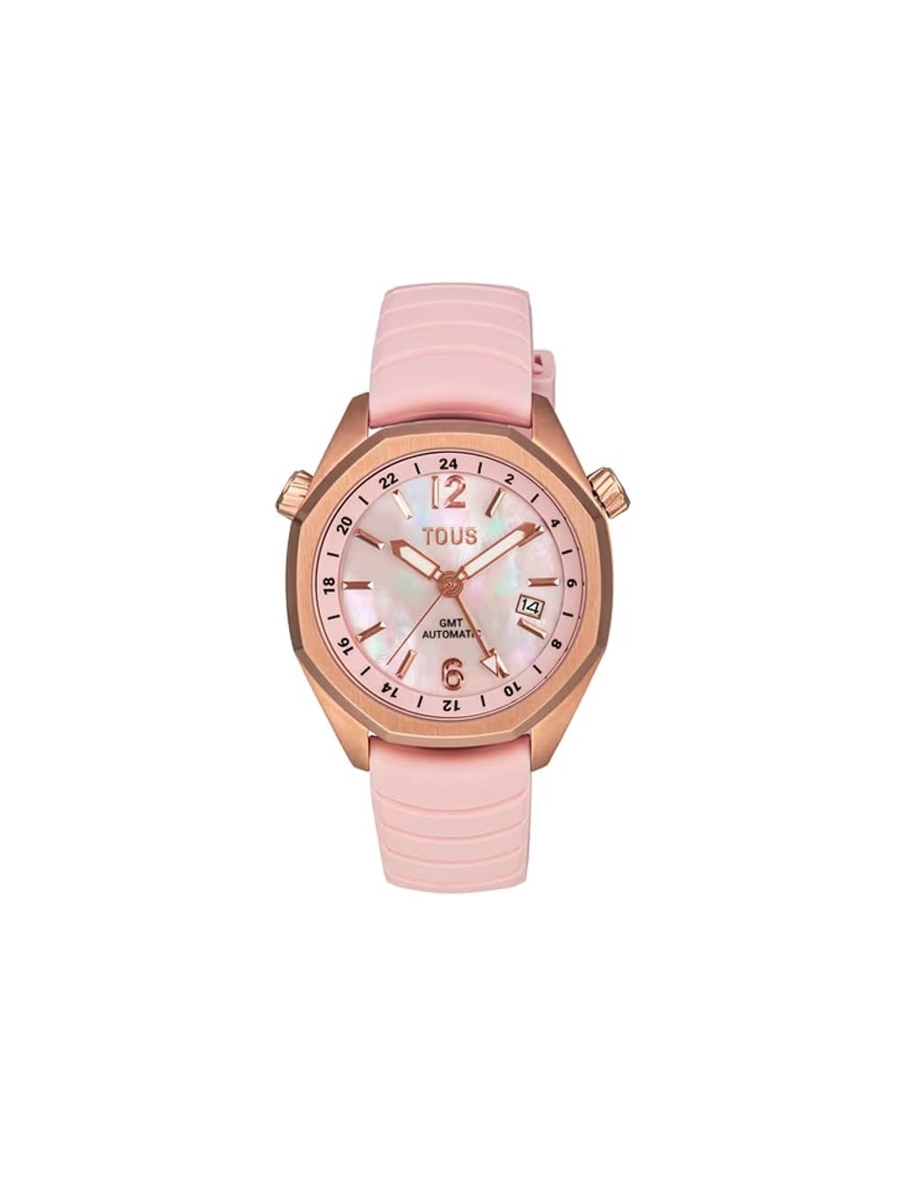 Reloj Gmt Automático con Correa de Silicona Rosa, Caja de Acero Iprg Rosa y Esfera de Nácar Tous Now