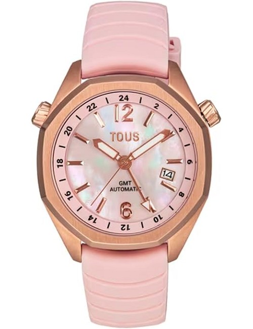 Reloj Gmt Automático con Correa de Silicona Rosa, Caja de Acero Iprg Rosa y Esfera de Nácar Tous Now