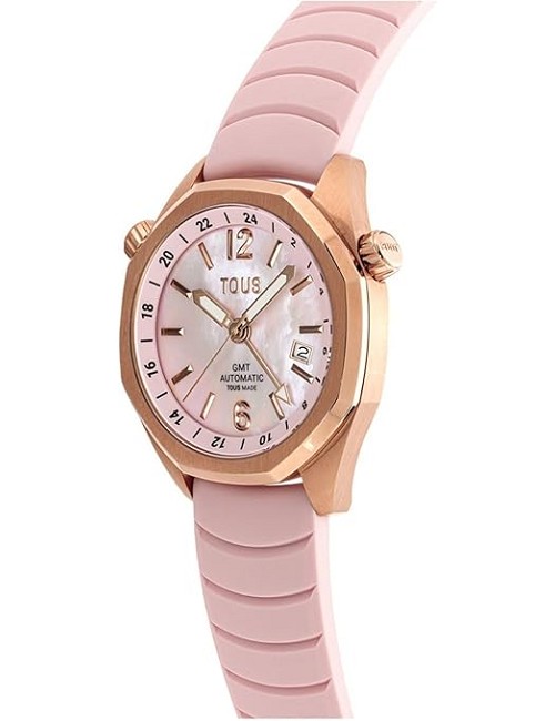 Reloj Gmt Automático con Correa de Silicona Rosa, Caja de Acero Iprg Rosa y Esfera de Nácar Tous Now