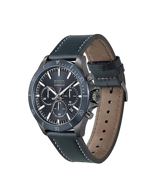 Reloj Crono Esf Azul Correa Piel Negra