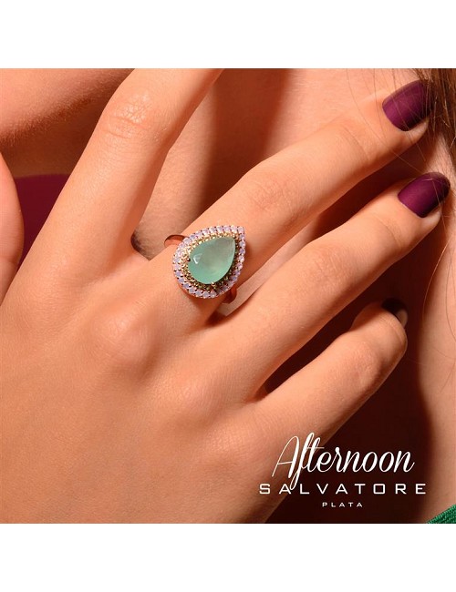 Sortija Plata Chapado Rosa Cristal Verde Menta Hielo Pera Alrededor Circonitas Amarillas y Milky Ros