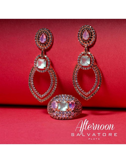 Sortija Plata Chapado Rosa Hoja Circonitas Verde