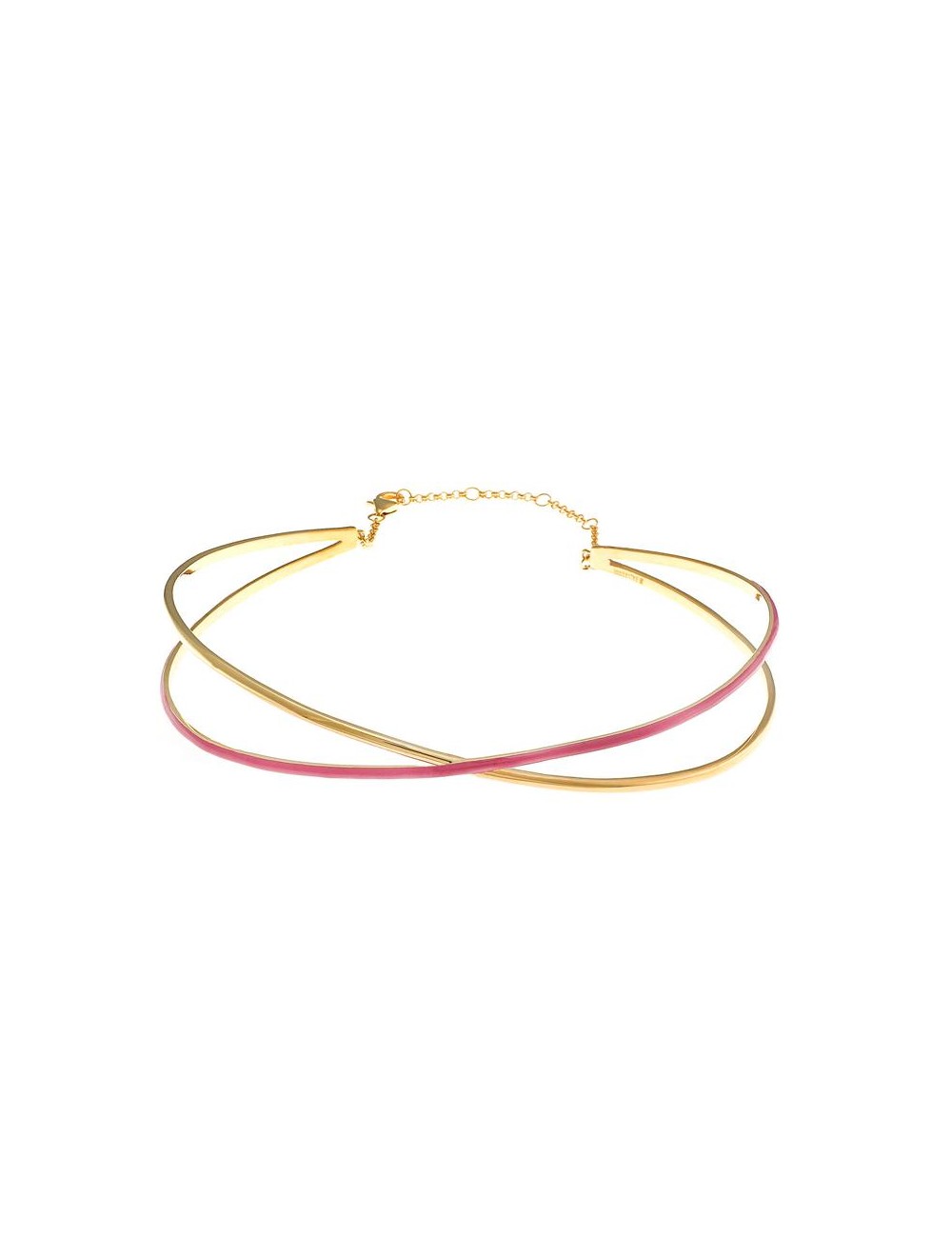 Collar Choker Metal Chapado Dorado Dos Lineas Esmalte Rosa