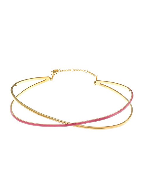 Collar Choker Metal Chapado Dorado Dos Lineas Esmalte Rosa
