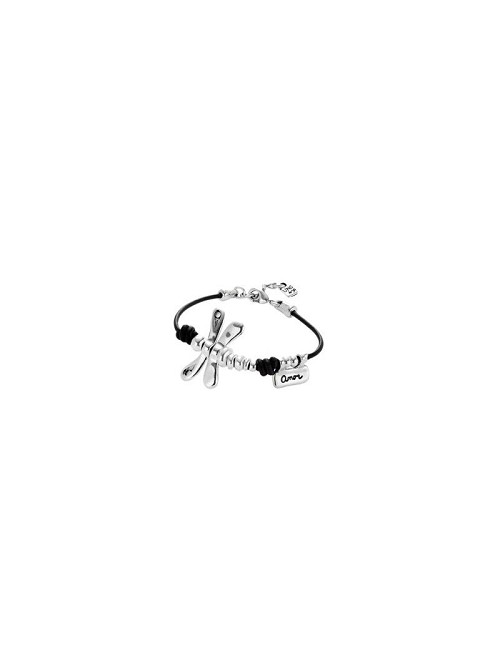 Pulsera Cuero Libelula Baño Plata