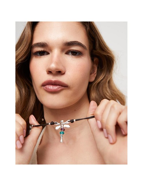 Collar Cuero Libelula Baño Plata Cris. Multicolor