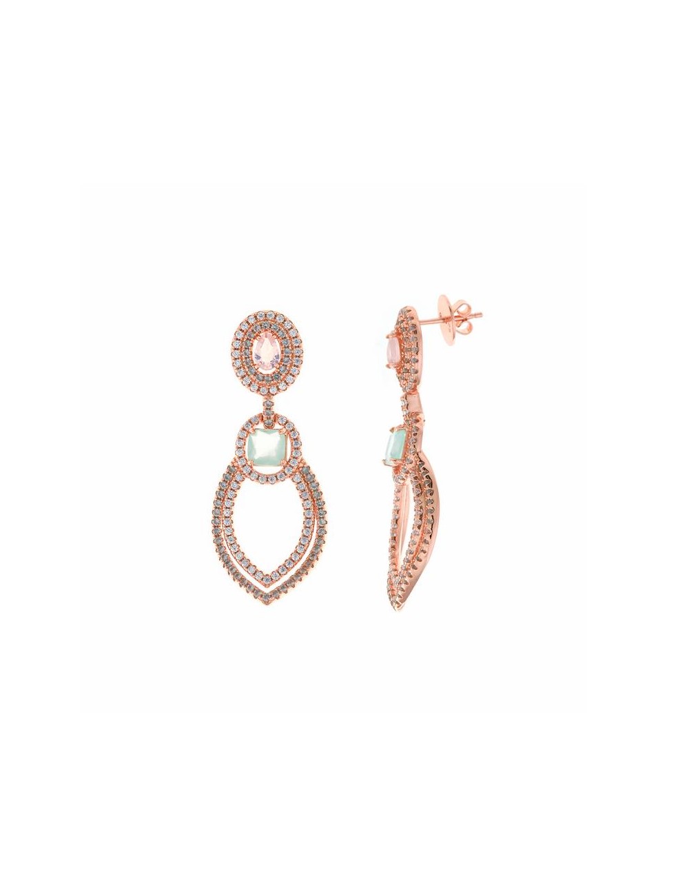 Pendientes Plata Chapado Rosa Hoja Circonitas Verde