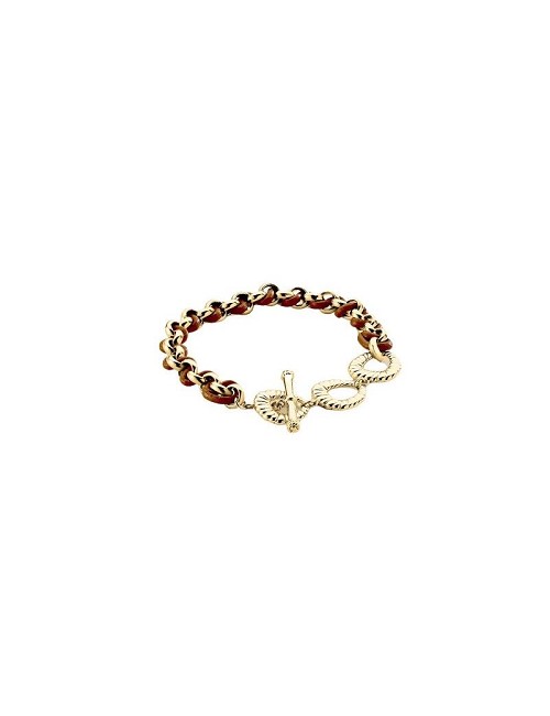 Pulsera Cuero con Rolo Dorado Bracelet Jaseron Chain