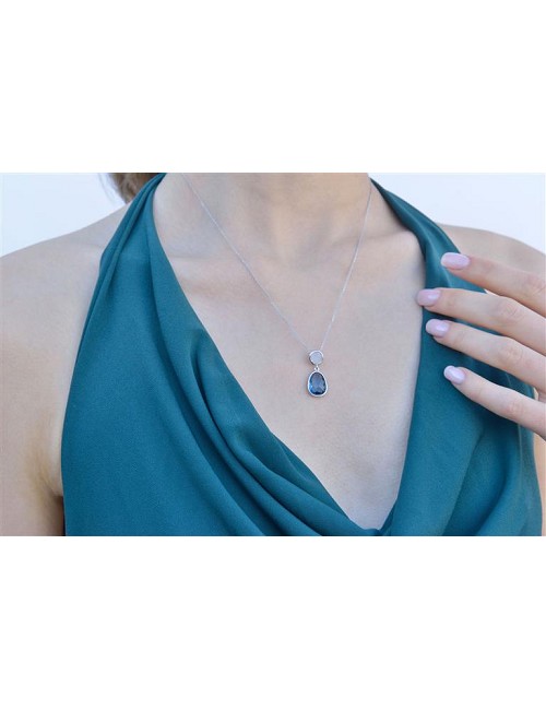 Collar Plata Rodio Circulo Cuarzo Rosa Cristal Pera Turmalina Azul Facetadas