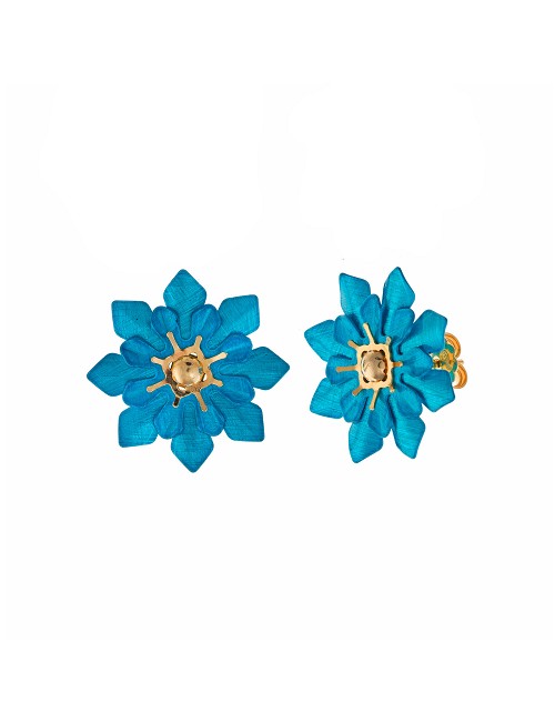 Pendientes Plata Chapado Dorado Diamantado Flor Turquesa