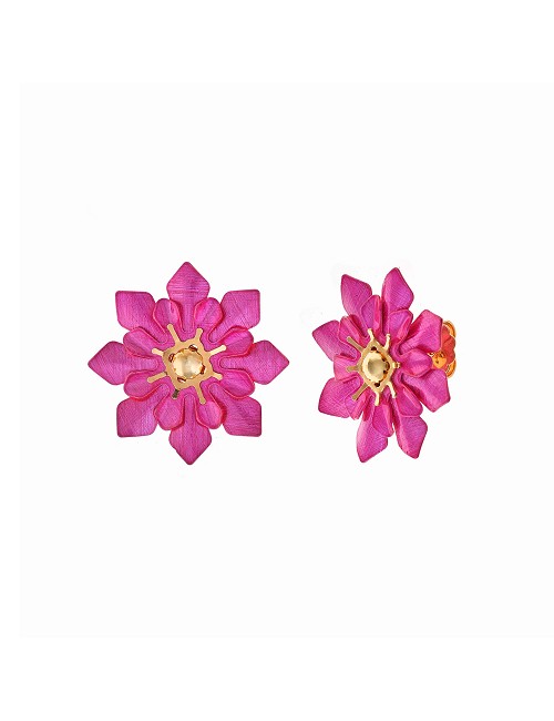 Pendientes Plata Chapado Dorado Diamantado Flor Fucsia