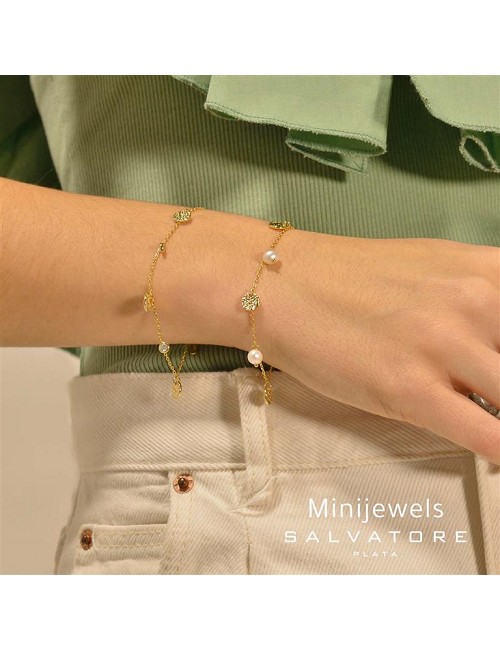 Pulsera Plata Chapa. Dora. Perlas Redondas