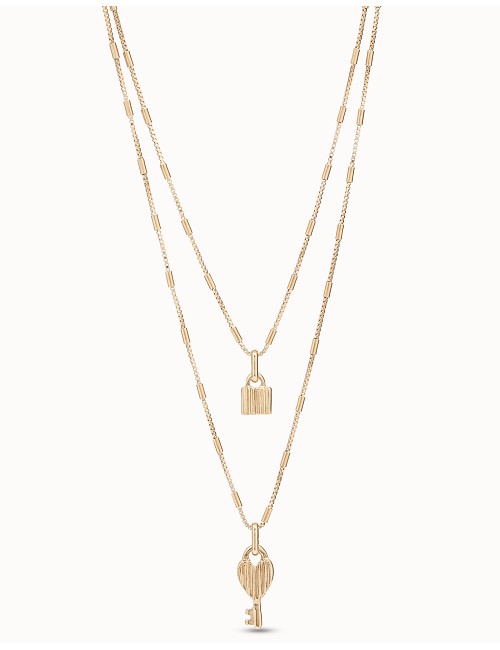 Collar de Aleación de Metales Bañados En Oro 18K con 2 Cadenas y Charms de Llave y Candado