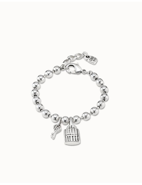 Pulsera de Aleación de Metales Bañados En Plata de Ley. Charms de Candado y Llave, Cierre Mosquetón