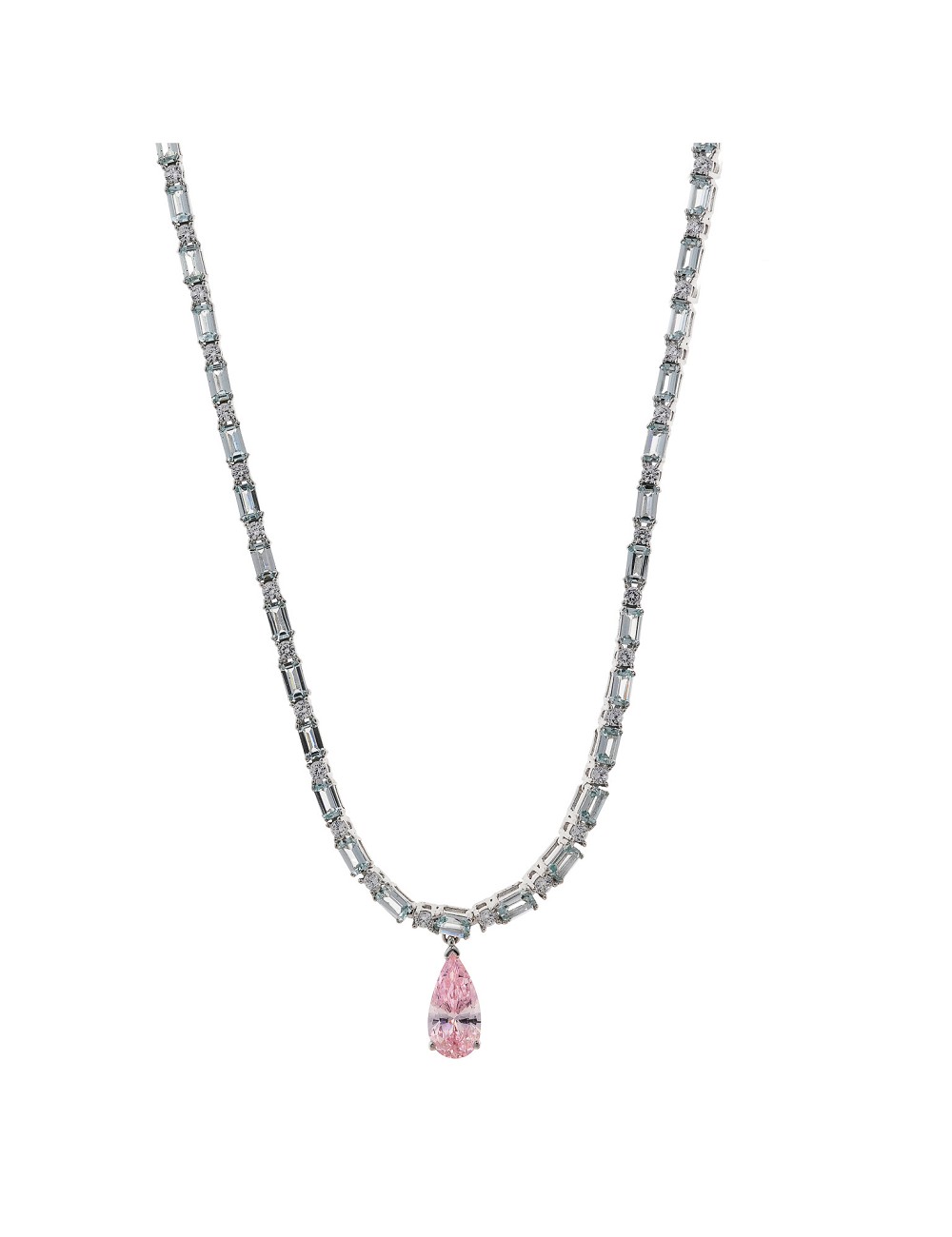 Collar Plata Rodio Pera Circonita Rosa Baguets Verde Aqua Brillantes Circonitas Blancas