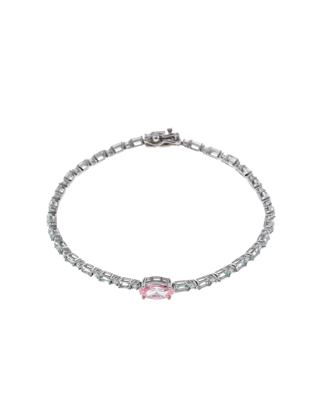 Pulsera Plata Rodio Ovalo Circonitas Rosa Baguet Verde Aqua Brillantes Circonitas Blancas