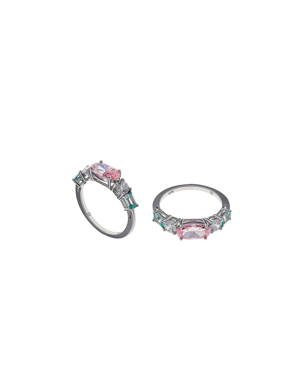 Sortija Plata Rodio Ovalo Circonita Rosa Baguet Verde Aqua Brillantes Circonitas Blancas