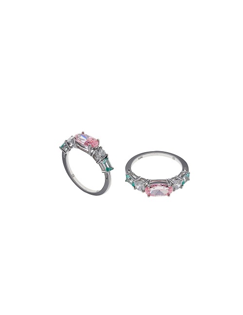 Sortija Plata Rodio Ovalo Circonita Rosa Baguet Verde Aqua Brillantes Circonitas Blancas