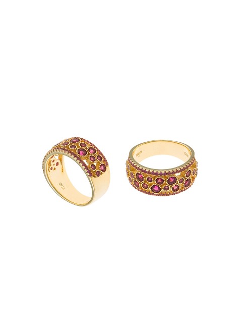 Sortija Plata Chapado Dorado Ancha Circulos Circonitas Corindon Sintetico Rojo