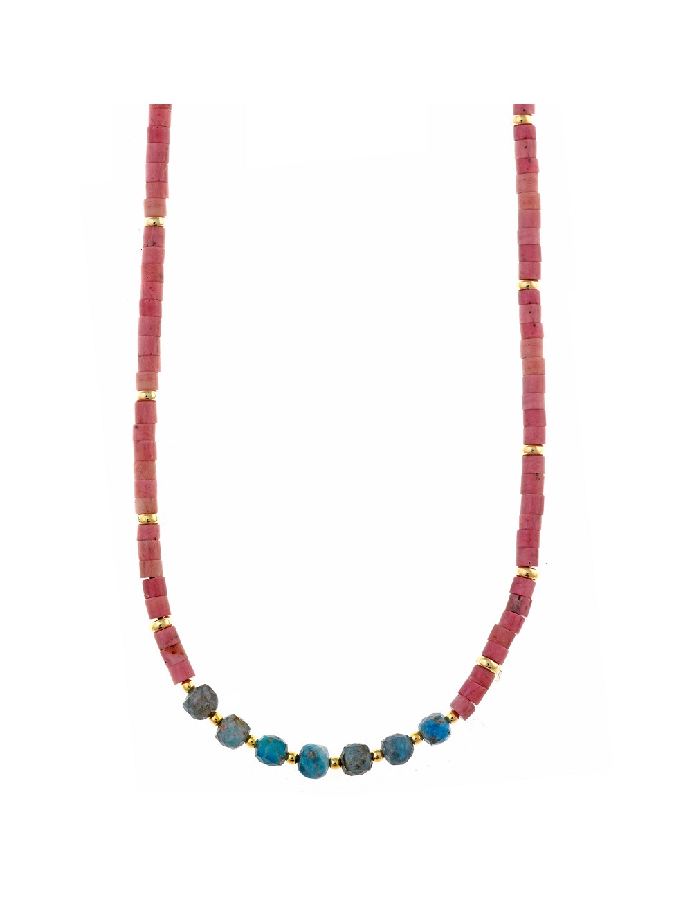 Collar Plata Chapado Dorado Bolitas Rodonita Tubo y Apatita Bolitas Facetadas