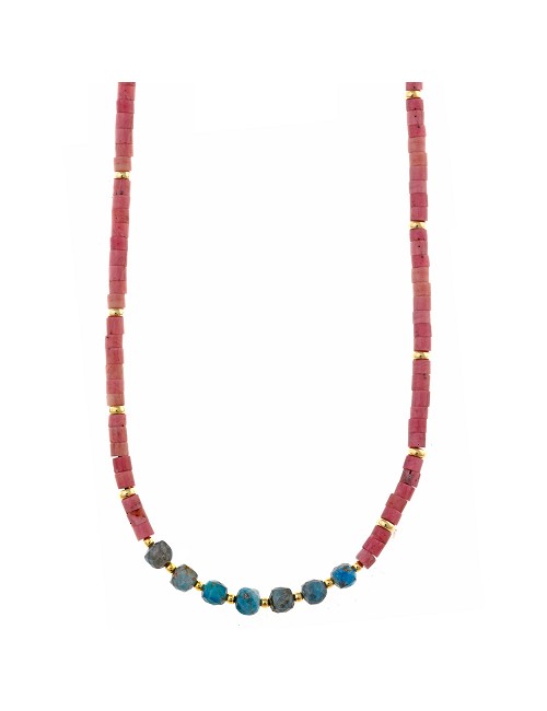 Collar Plata Chapado Dorado Bolitas Rodonita Tubo y Apatita Bolitas Facetadas