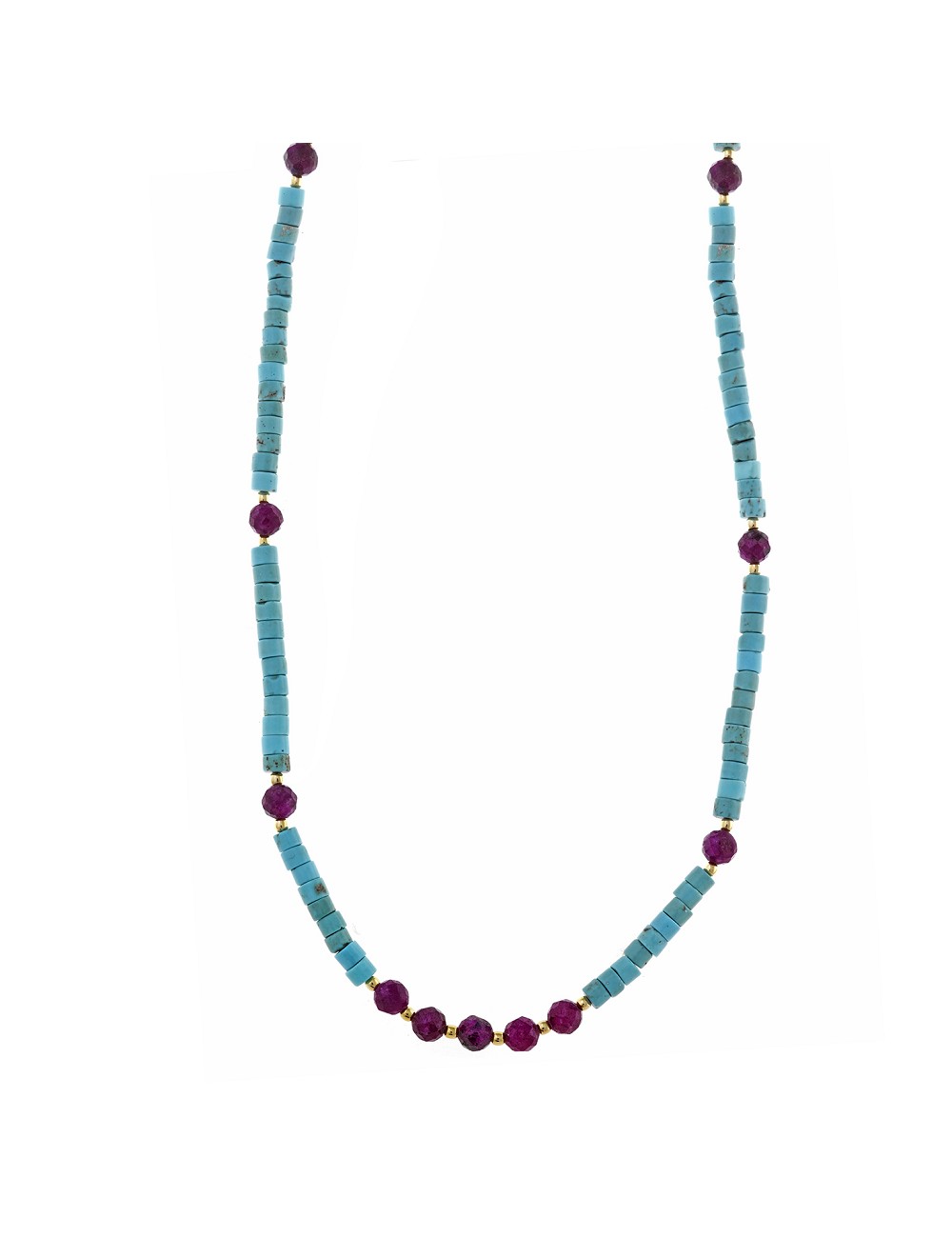 Collar Plata Chapado Dorado Bolitas Turquesa Tubo y Rubi Bolitas Facetadas