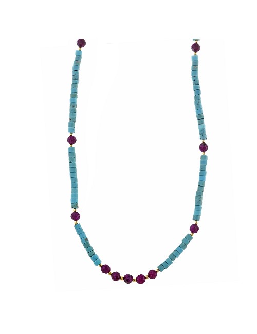 Collar Plata Chapado Dorado Bolitas Turquesa Tubo y Rubi Bolitas Facetadas
