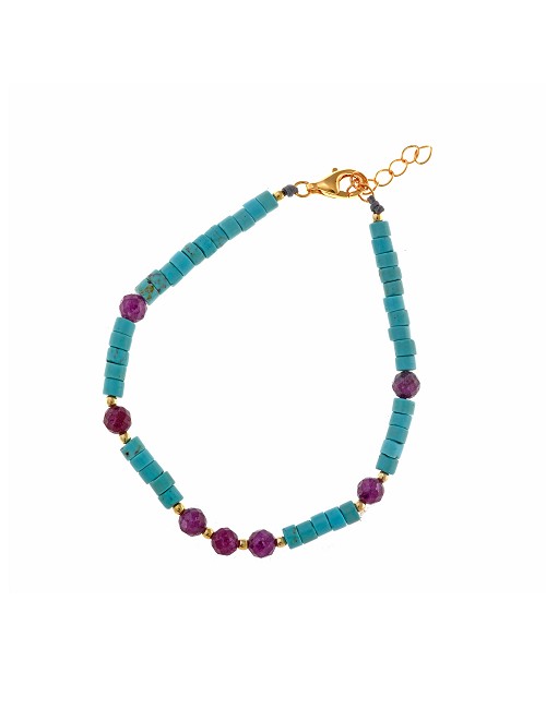 Pulsera Plata Chapado Dorado Bolitas Turquesa Tubo Rubi Bolitas Facetadas