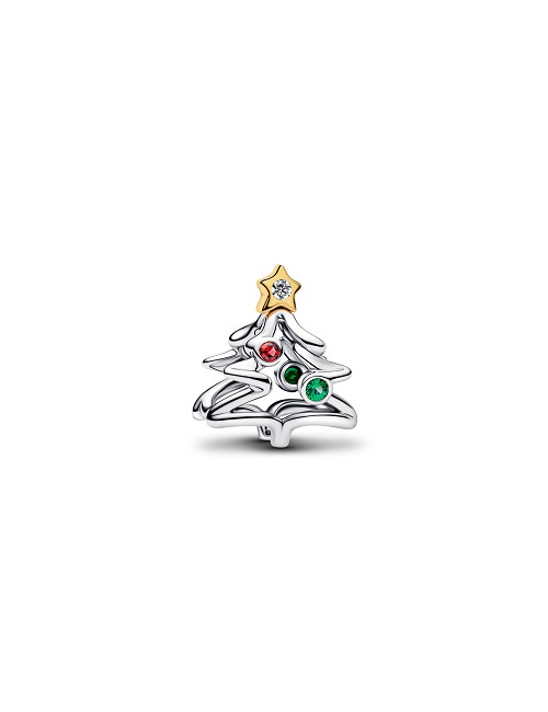 Christmas Tree Sterling Silver And 14K Gold-Plated Charm With Clear Cubic Zirconia, Salsa Red And Ro