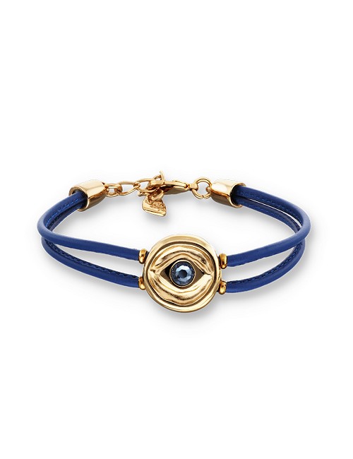 Pulsera de Cuero Doble Azul con Detalle de Ojo