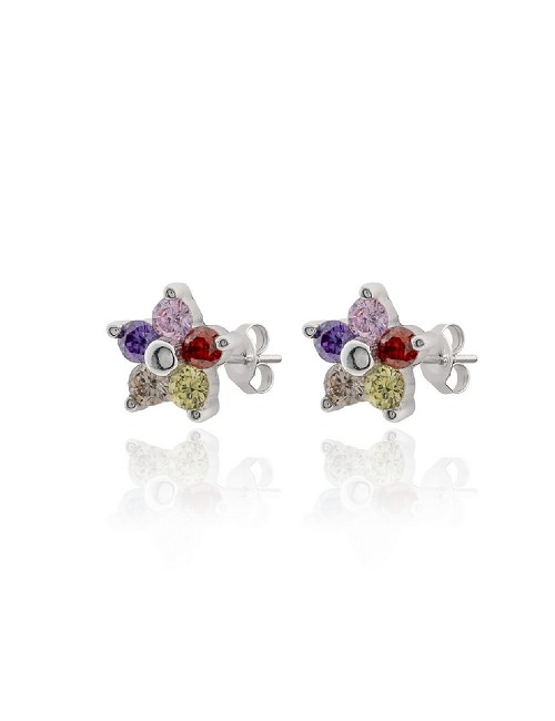 Pendiente Plata Rodio Flor Cinco Circonitas Colores