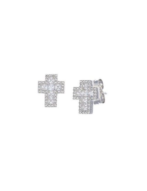 Pendientes Cruz Circo Blanco Plata Rodio 8X6