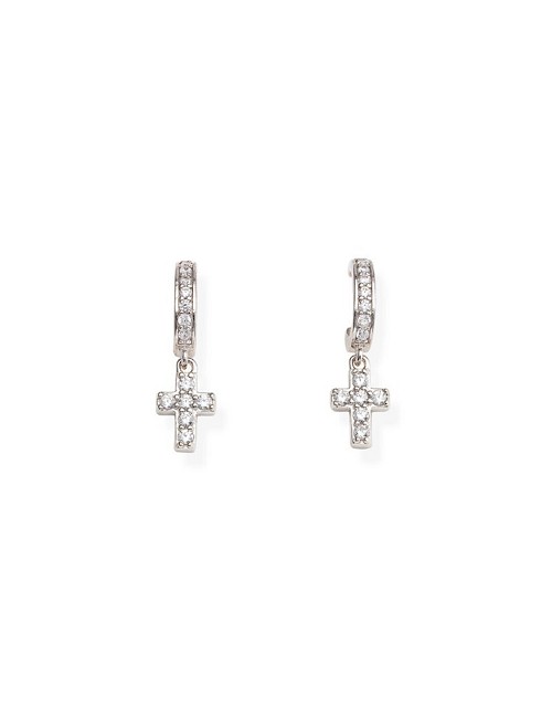 Pendientes S/Aro Cruz Circo Blanco Plata Rodio