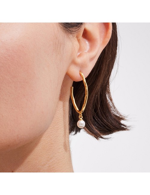 Pendientes Aro Perla Baño Oro 18K