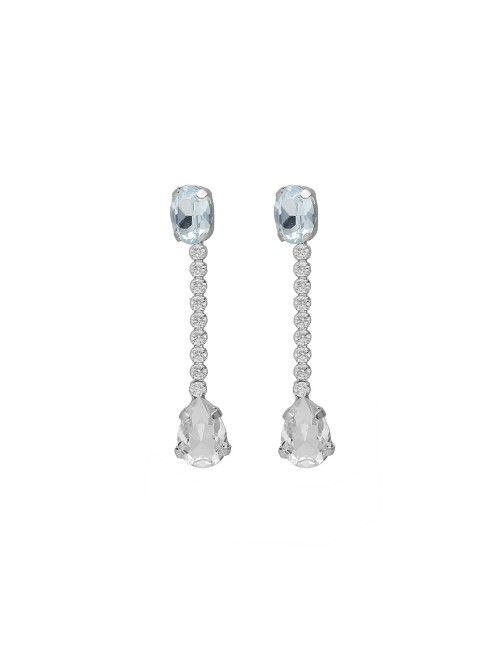 Pendientes Largos Cascada Cristal Azul Rodio